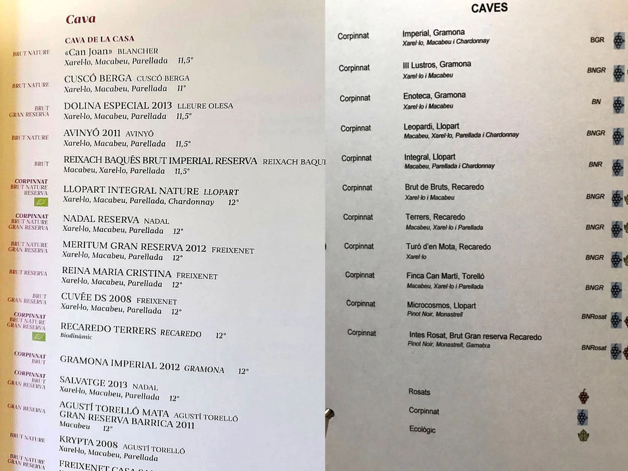 Restaurant wine list with a Corpinnat section