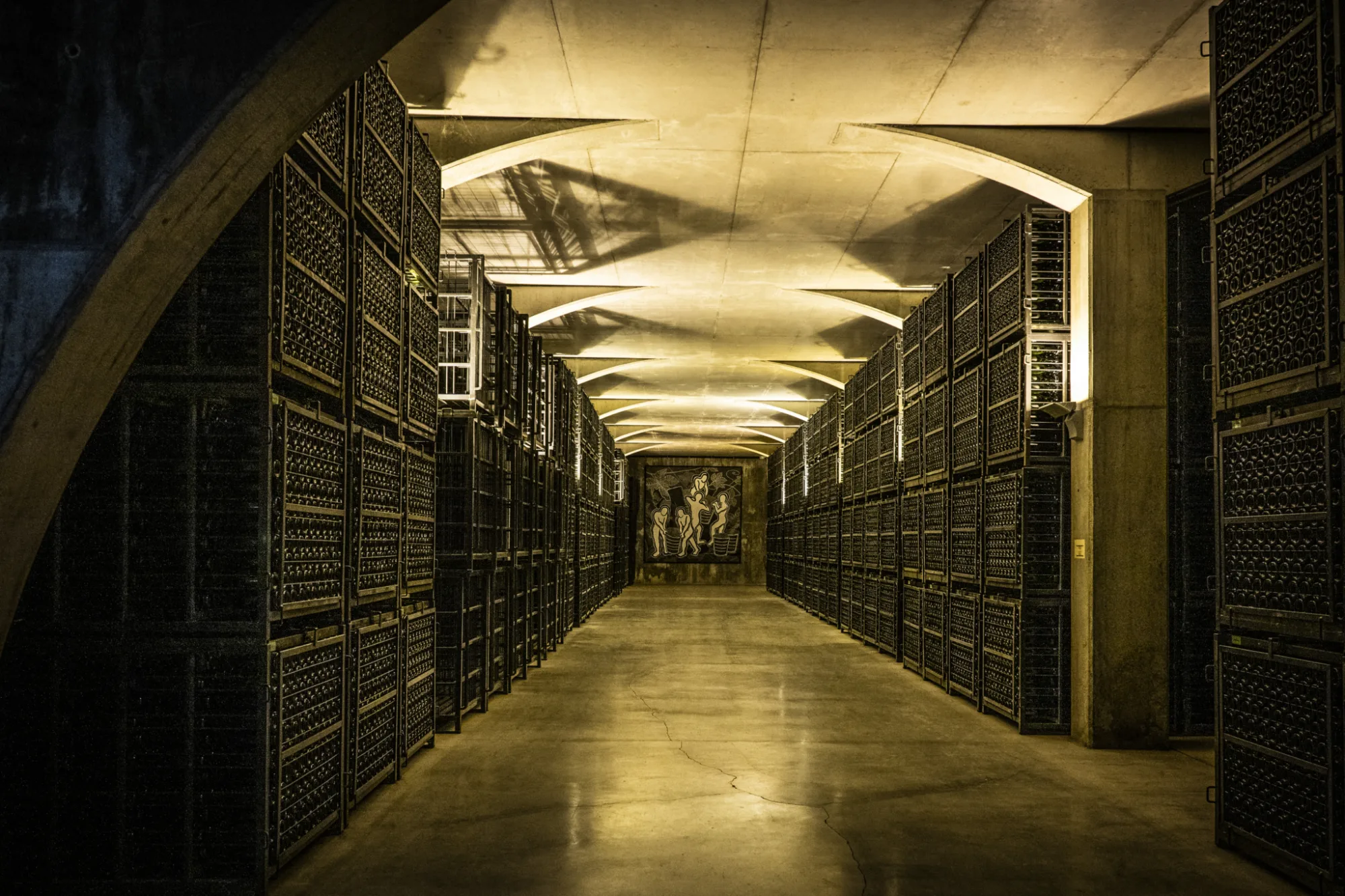 Cellar corridor with bottles ageing at Celler Kripta