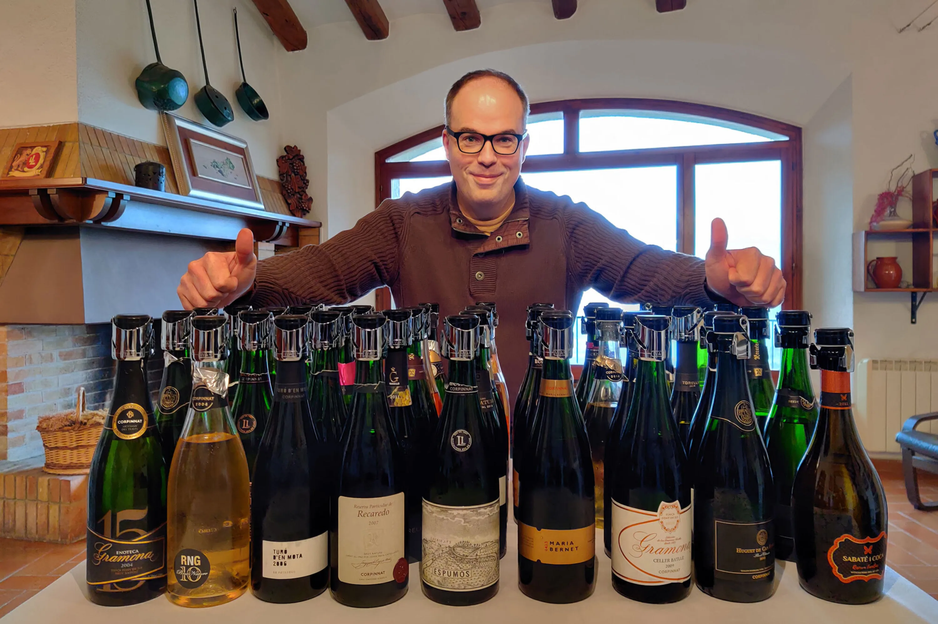 Miquel Hudin with the bottles from his blind sparkling wine tasting