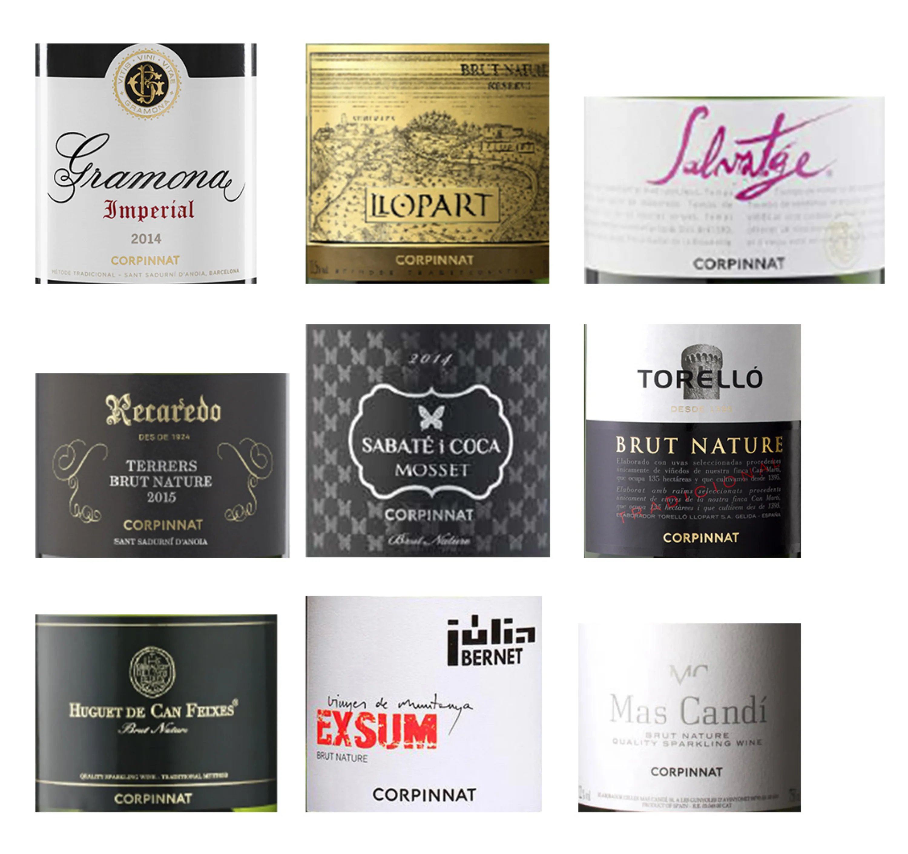 Etiquetas de las primeras botellas con la marca colectiva Corpinnat