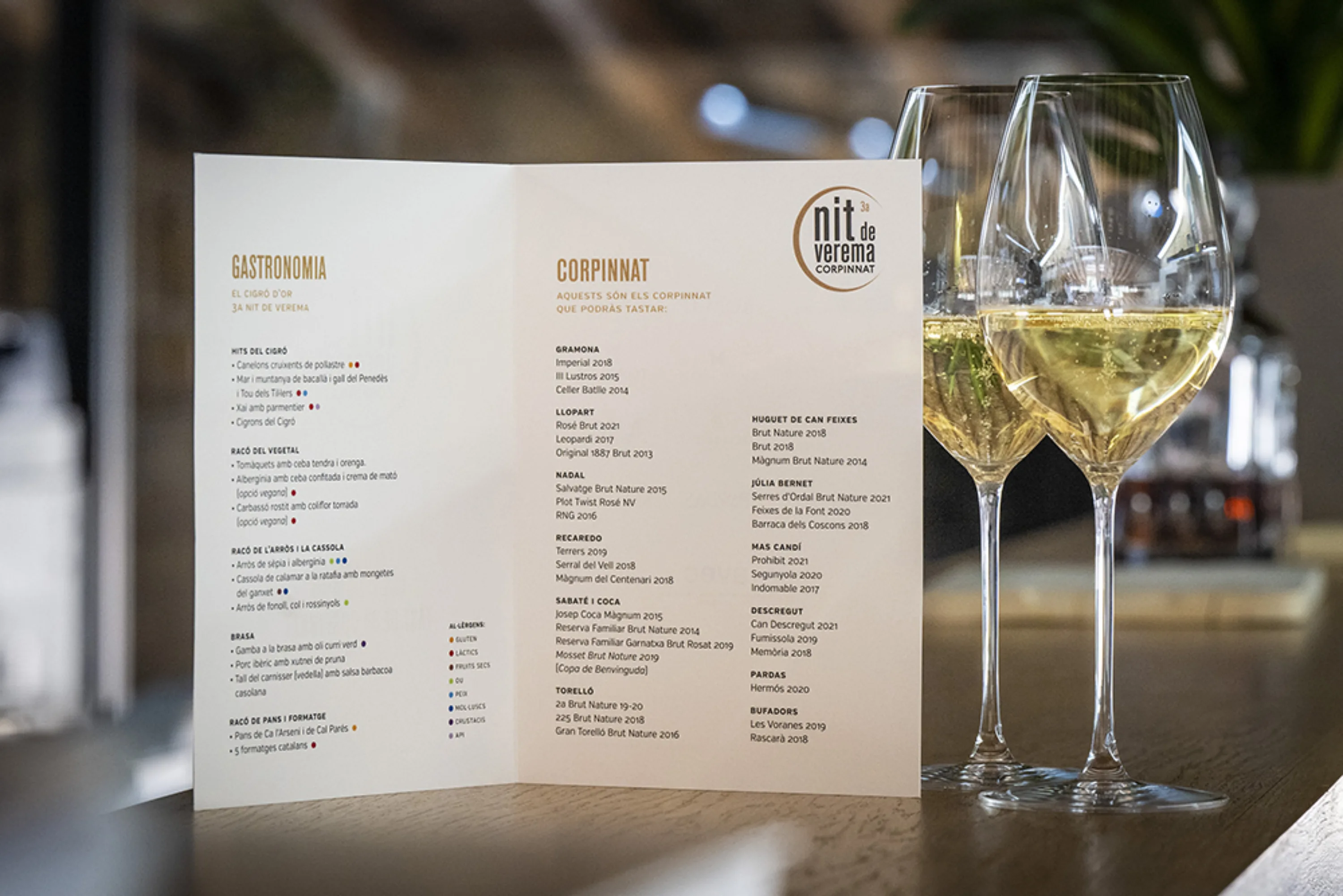 Corpinnat wine list and glasses at the 3rd Corpinnat Harvest Night